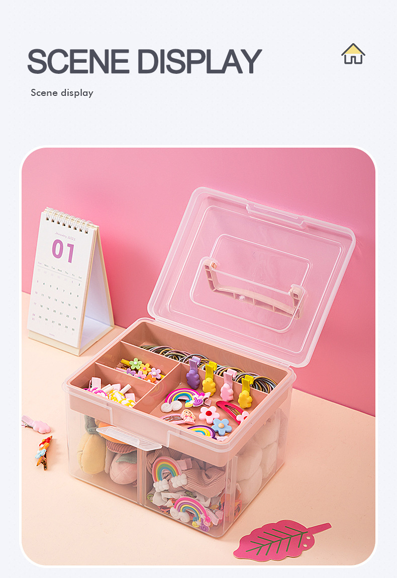 Hot Sale Double Layer Desktop Cosmetics Hair Accessories Storage Box Transparent Plastic Children Kids Jewelry Box with Handle