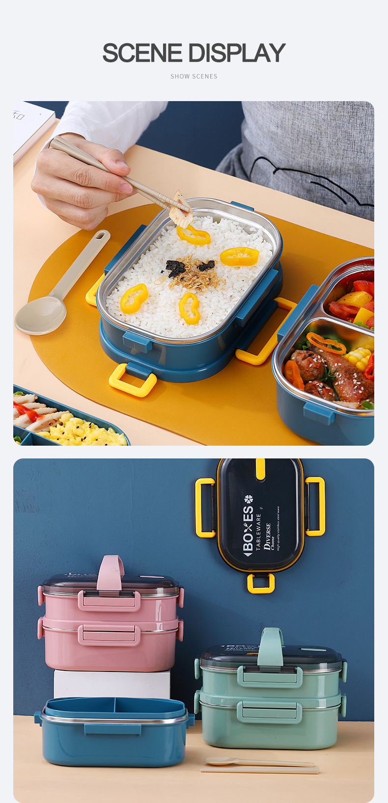 Portable Double Layer Stainless Steel Thermal Food Container Stackable Kids Bento Box Rectangle Airtight Lunch Box Insulated