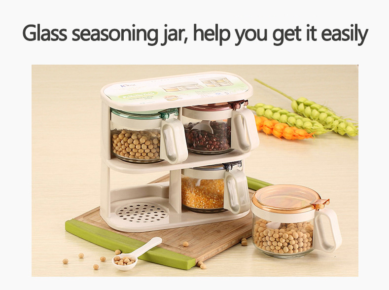 Factory Wholesale Condiments Jar Bottle Seasoning Box with Spoon Glass Spice Jar Set with Stand Kitchen Seasoning Pot Set