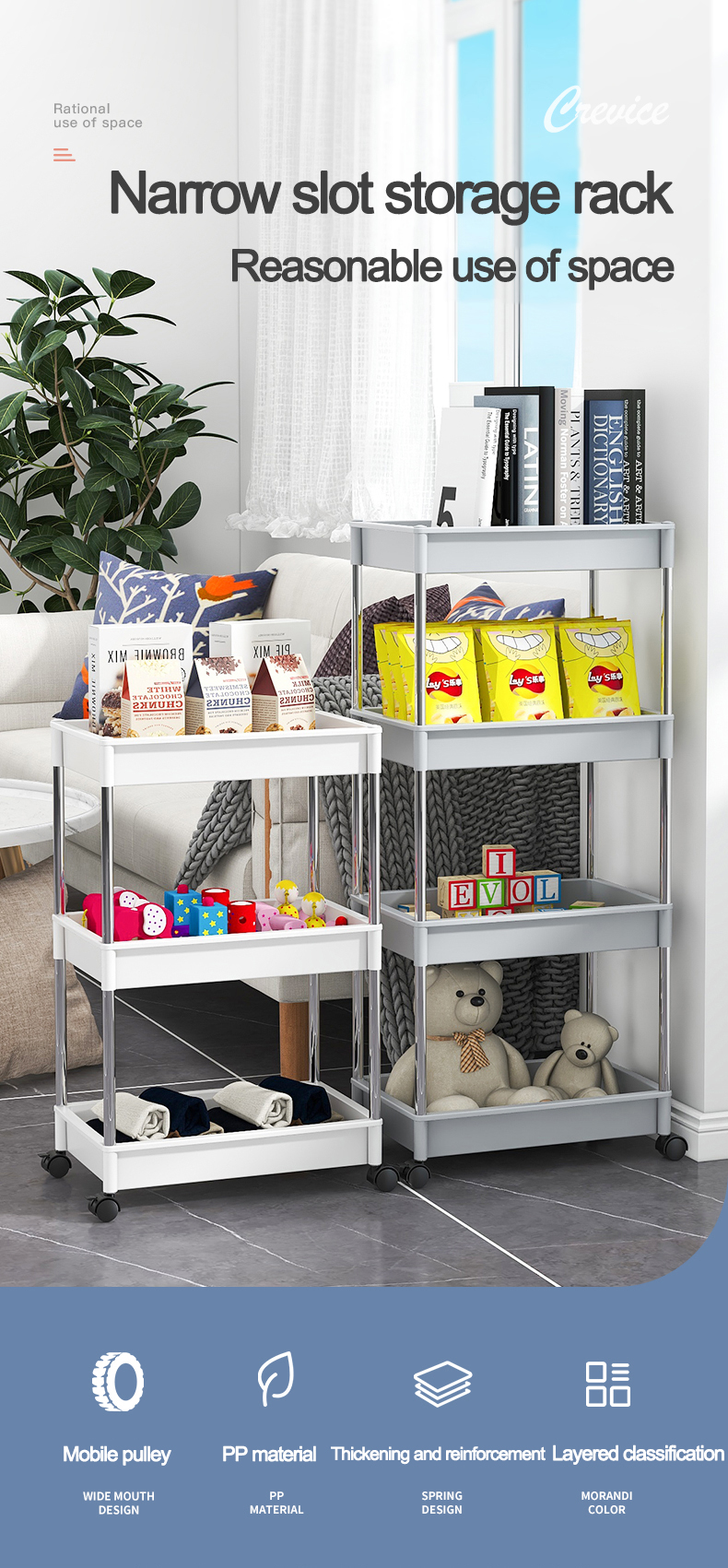 Narrow Space Corner Organizer Rack Bathroom Kitchen Pantry Shelves on Wheels Plastic Rolling Utility Cart Slim Storage Trolleys