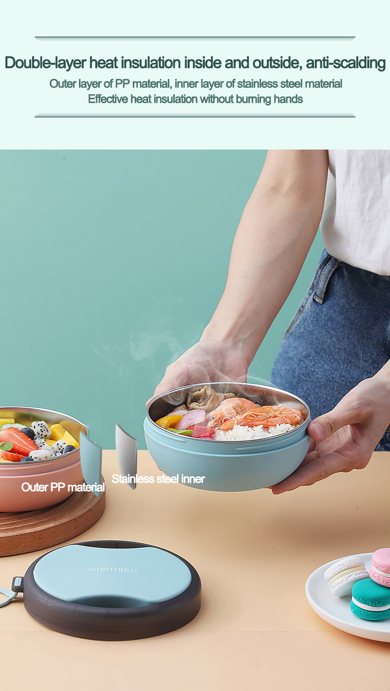 High Quality Thermal Food Container Keep Food Warm 2-Layer Plastic Bento Children Kids Stainless Steel Lunch Box with Cutlery