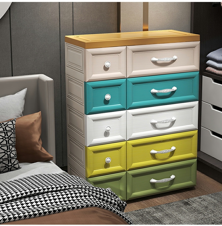 Factory Sale Colorful Drawer Cabinet Plastic Cupboard for Clothes Bedroom Furniture Chest of Drawers Storage Drawers with Wheels