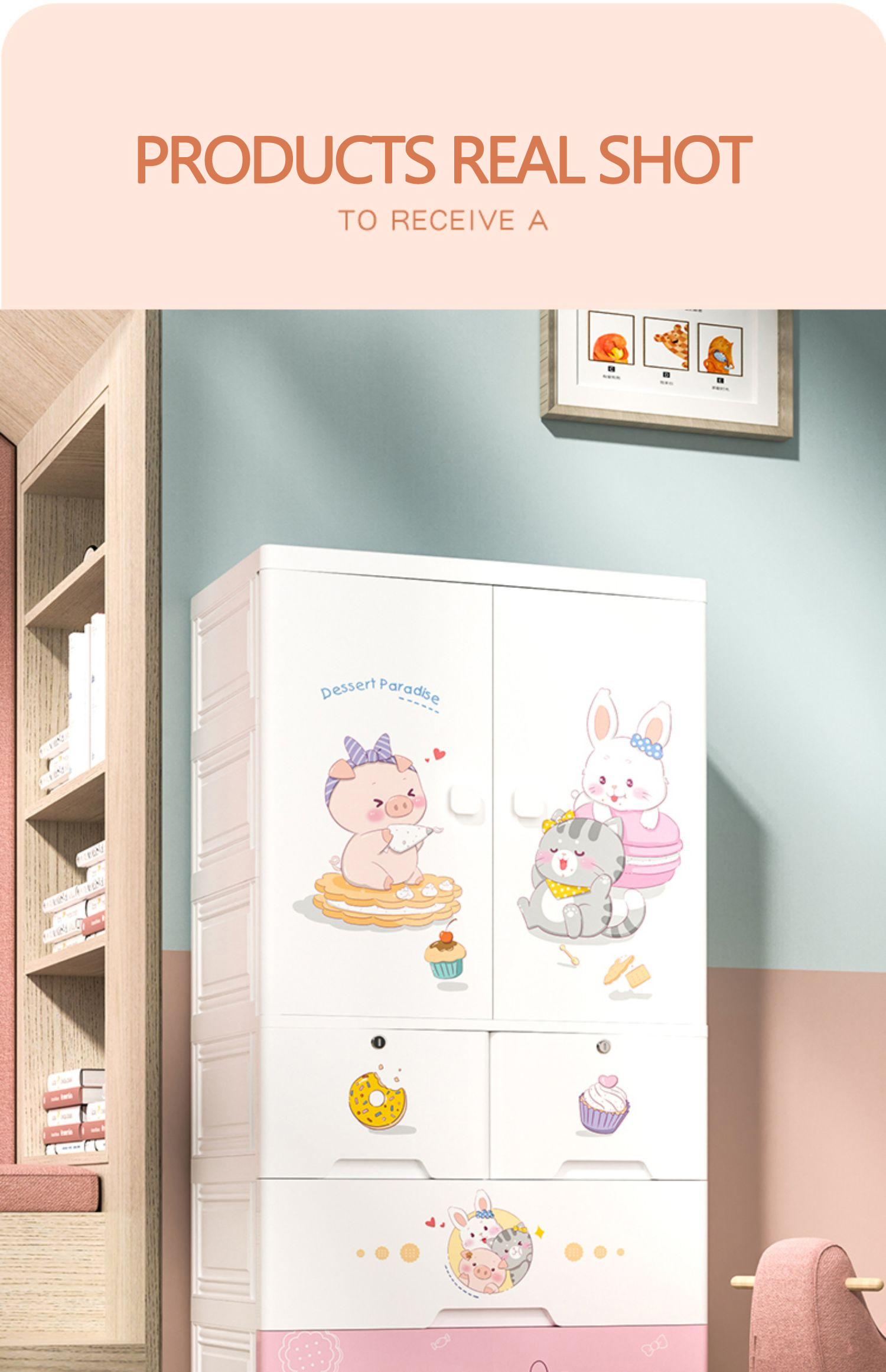 Wardrobe Storage Cabinet with Drawers Cupboard Plastic Factory Direct Cartoon Chest of Drawers Double Door Baby Wardrobe Kids