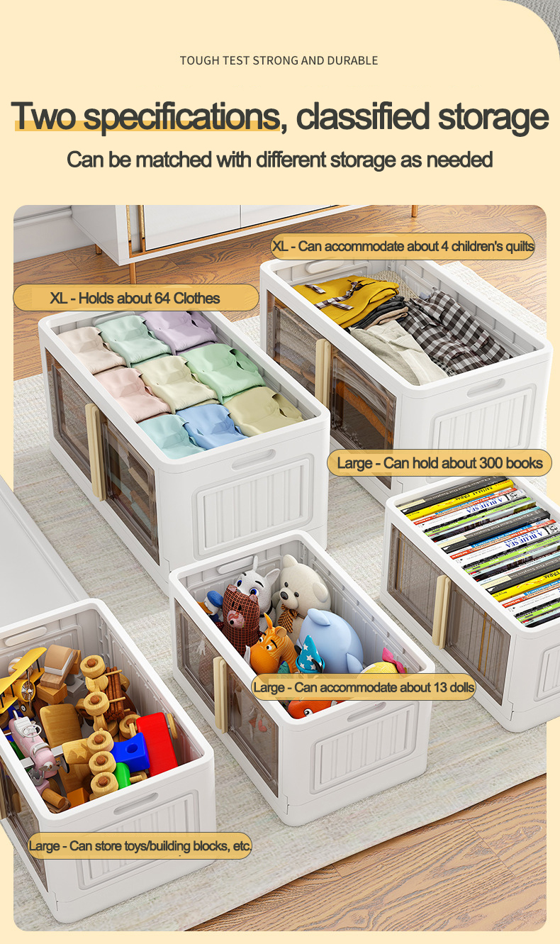 Double Door Folding Storage Box with Wheels Foldable Clothes Organizer Stackable Plastic Collapsible Storage Bin for Toys Snacks