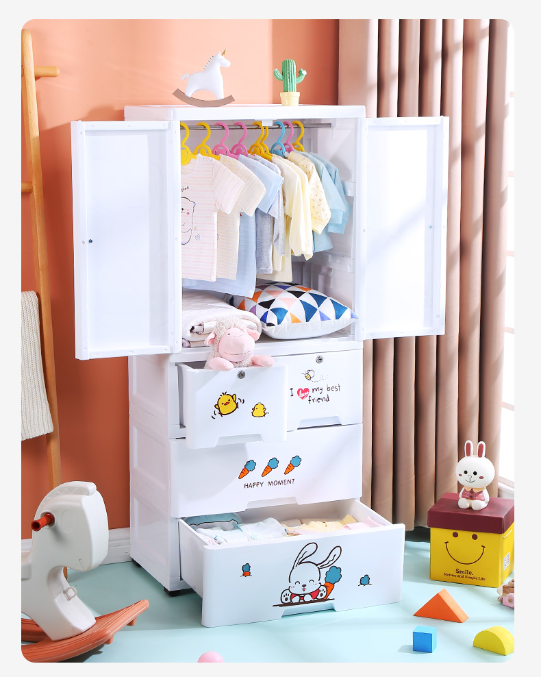 Best Selling Plastic Drawer Storage Cabinets Baby Wardrobe Cartoon Multi-layer Cabinet For Clothes Organizer Double door