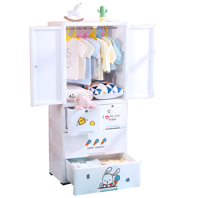 Fuyun Best Selling Plastic Drawer Storage Cabinets Baby Wardrobe Cartoon Multi layer Cabinet For Clothes Organizer Double door Baby Wardrobe