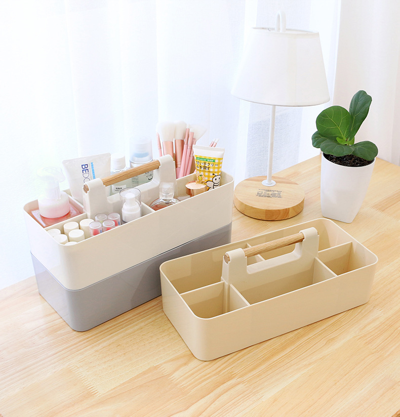 Hot Product Coffee Table Remote Control Holder Plastic Cosmetic Makeup Organizer Portable Desktop Storage Box with Wooden Handle