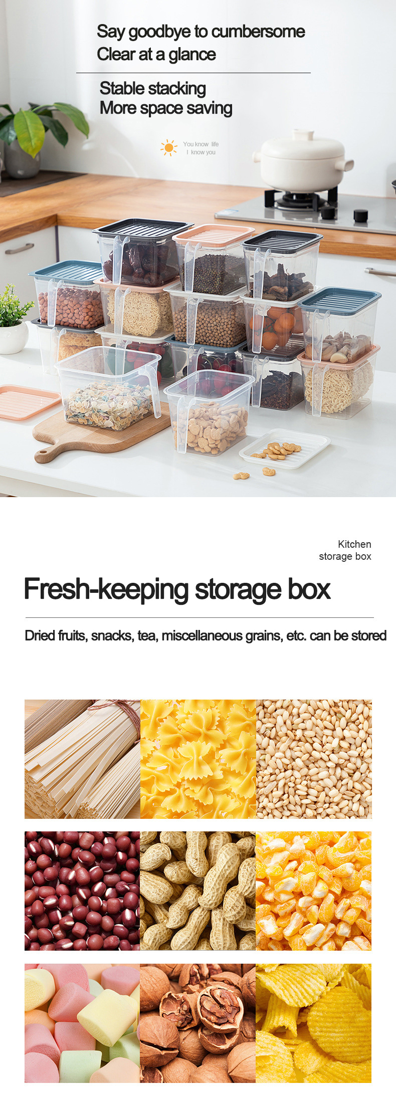 Hot Sale Kitchen Stackable Dry Food Cereal Storage Jar Plastic Meal Prep Container Fridge Refrigerator Organizer Bin with Handle