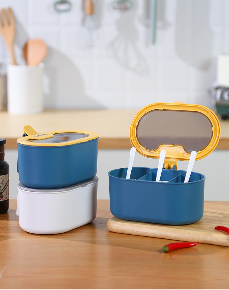 Kitchen Use 3-Compartment Plastic Spice Jar with Lid Salt Pepper Sugar Storage Container Seasoning Box Condiment Jar with Spoon