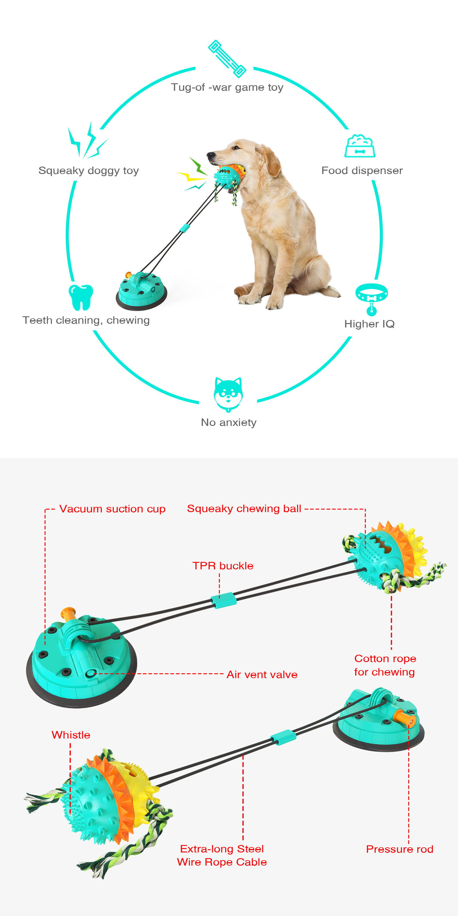 new design dog toy food Super vacuum suction cup pet pull rope toy Pet food leakage doggy chew balls rubber dog toy