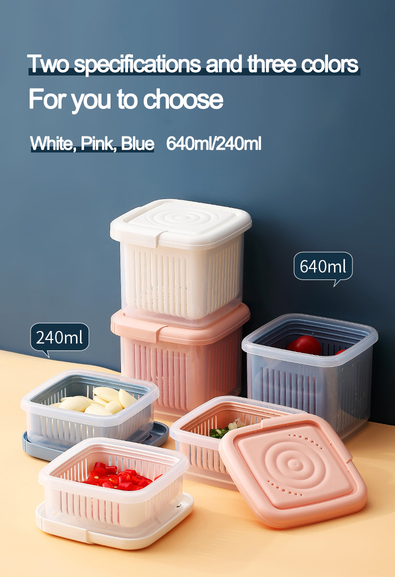 Creative Stackable Kitchen Fridge Organizer Food Container with Drain Basket Refrigerator Draining Crisper with Strainer Plastic