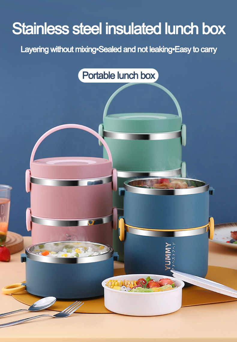 Multi-layer Portable Kids Thermal Food Container Reusable Insulated Bento Heat Resistant Stainless Steel Lunch Box with Handle