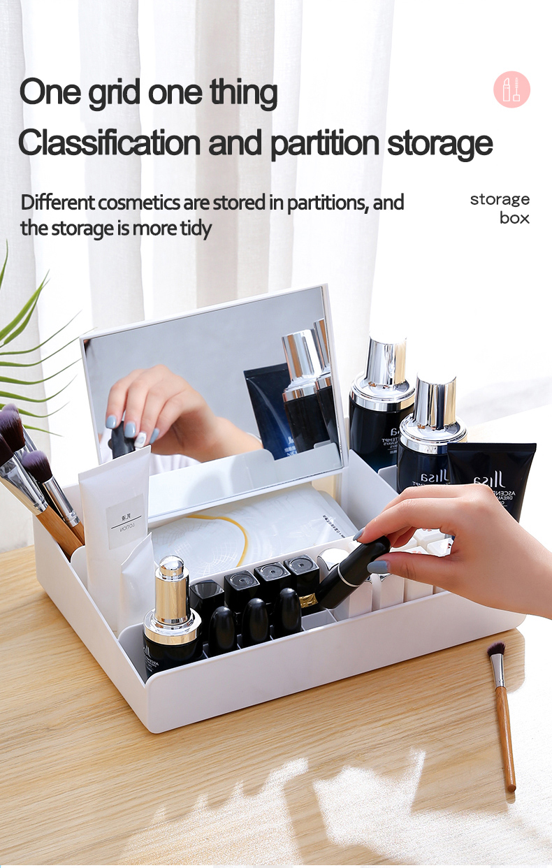 Dressing Table Decorative Lipstick Nail Polish Holder Makeup Organizer with Compartment Plastic Cosmetic Storage Box with Mirror
