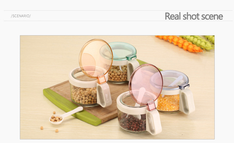 Factory Wholesale Condiments Jar Bottle Seasoning Box with Spoon Glass Spice Jar Set with Stand Kitchen Seasoning Pot Set