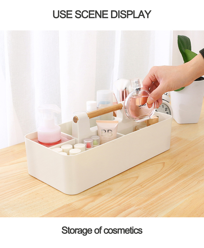 Hot Product Coffee Table Remote Control Holder Plastic Cosmetic Makeup Organizer Portable Desktop Storage Box with Wooden Handle