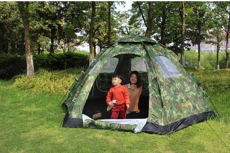 Factory Direct Sales Automatic Outdoor 6-8 People Camouflage Single-Layer Family Tent for Beach Camping Two-Door Mountaineering Travel Hexagonal Tent