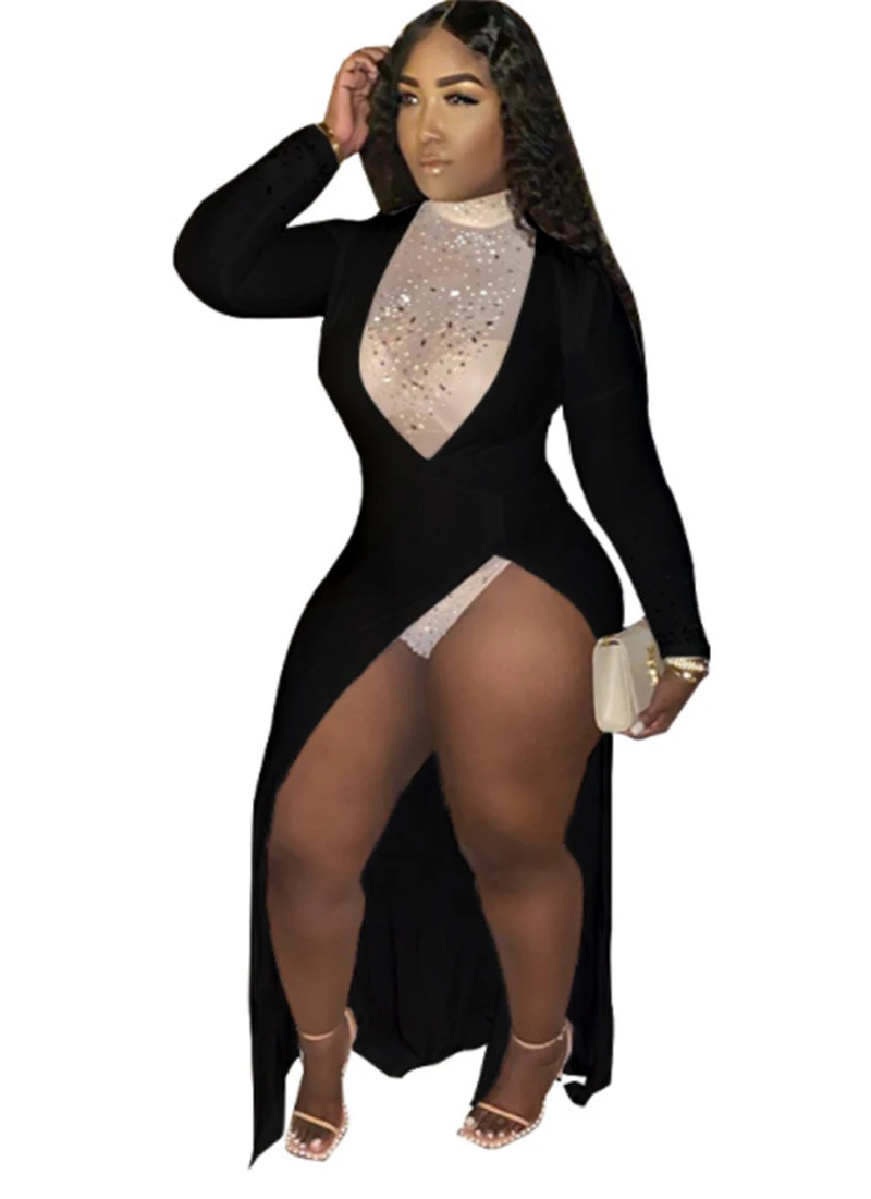 2020 Semi-Necked Hem Slit Hot Rhinestone Tight Sexy Dress Long Skirt