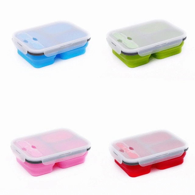 Creative Fashion Four-Color Three-Grid Folding Silicone Lunch Box with Spoon and Fork Set Microwave Oven Fresh-Keeping Silicone Lunch Box Wholesale