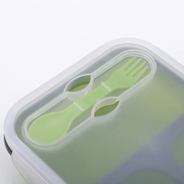 Creative Fashion Four-Color Three-Grid Folding Silicone Lunch Box with Spoon and Fork Set Microwave Oven Fresh-Keeping Silicone Lunch Box Wholesale