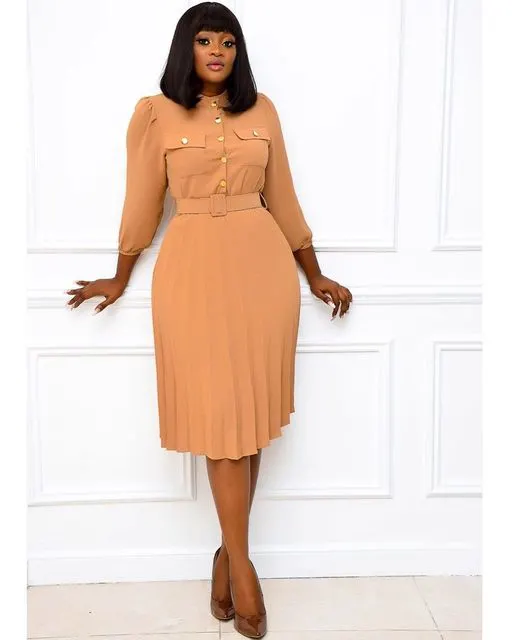 New Europe and America 2020 Foreign Trade Plus Size Women's Spring Style Solid Color MID-Length African Dress Dress Lady