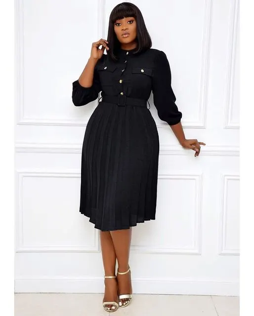New Europe and America 2020 Foreign Trade Plus Size Women's Spring Style Solid Color MID-Length African Dress Dress Lady
