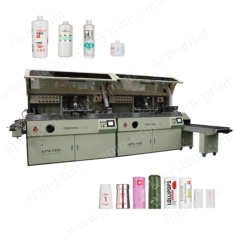 APM PRINT Oko a piha 2 waiho olu u Tube Bottle Screen Printing Machine me UV Drying System a me Flame Treatment Screen Printer Auto Screen Printer