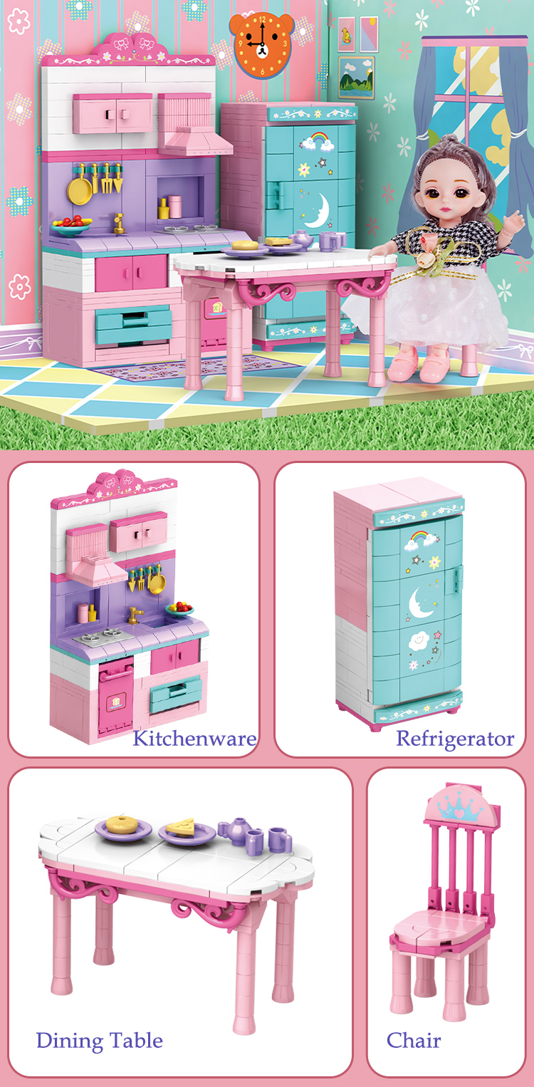 WOMA TOYS 2022 New Design Girl Cosplay Kitchen Refrigerator Kitchenware Make Food Play House Diy Brick Building Blocks Set