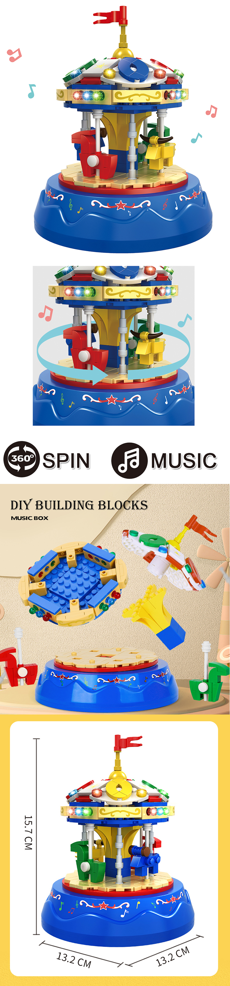 WOMA TOYS OEM ODM Spin Music Box Carousel Building Blocks Bricks Set For children birthday Christmas Gifts jouet Home Decor