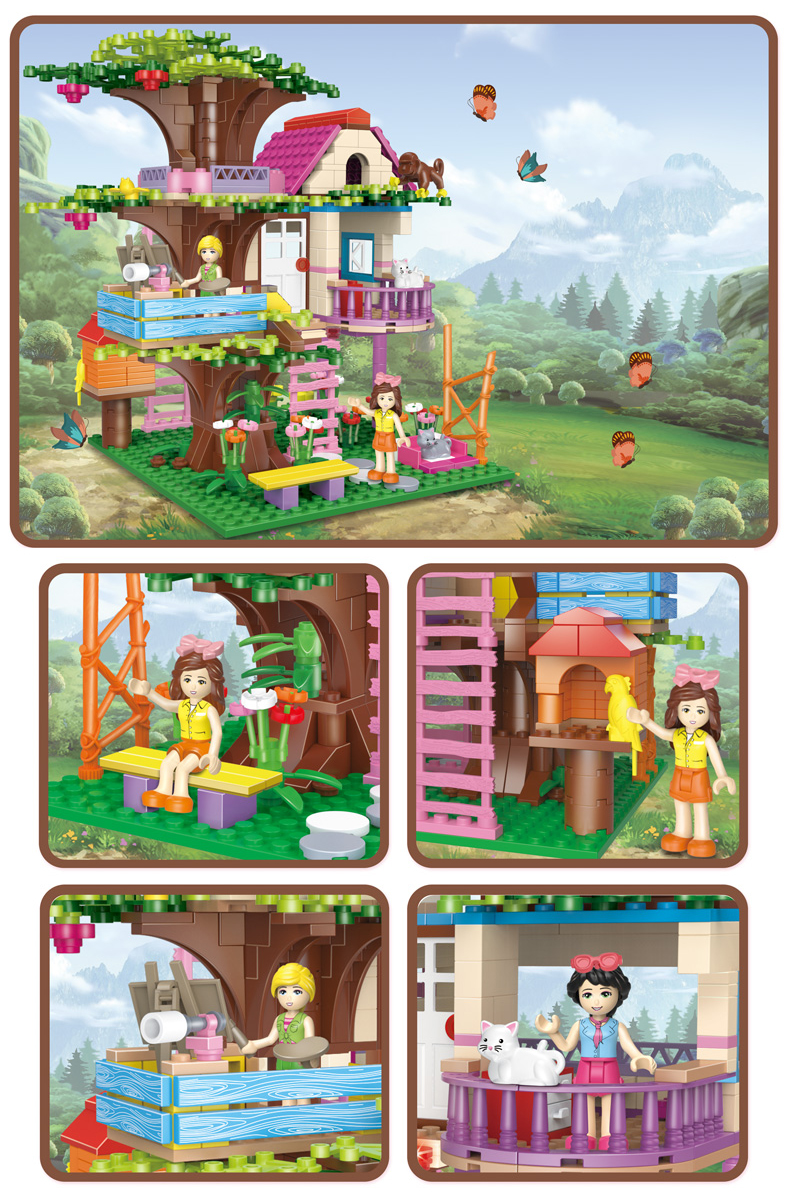WOMA TOYS Amazon Hottest Sale Girl Friendship Tree House Model Scene Small Building Block Figures Set Kids DIY Little Brick
