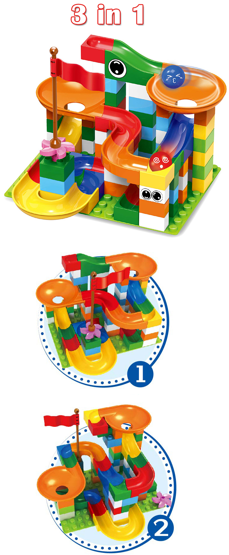WOMA TOYS 3 in 1 Ball Track Ball Slide With Base Plates Big Building Block Bricks 3 Year Old For Preschool Kids Brinquedo