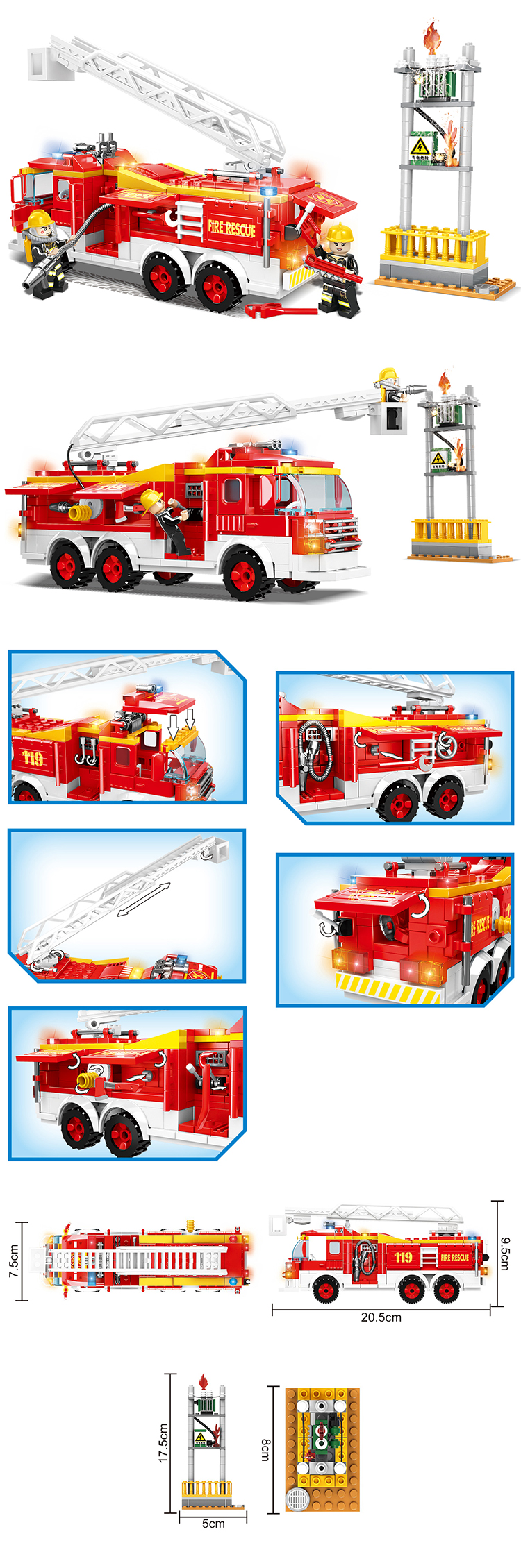 WOMA TOYS Compatible major brands Rescue Police hook ladder fire truck building block bricks toy model educational set jouet