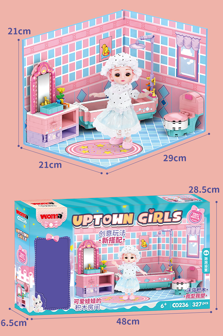 WOMA TOYS New Design Christmas Birthday Gifts Girl Bathroom Doll Bathtub Toiletries Toilet Assemble Brick Moc Building Blocks