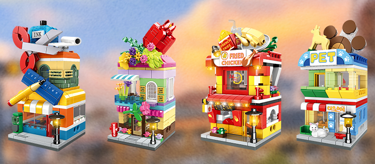 WOMA TOYS 903pcs Metropolitan interest Modern stationer Flower shop Fried chicken Pet shop model building blocks toys