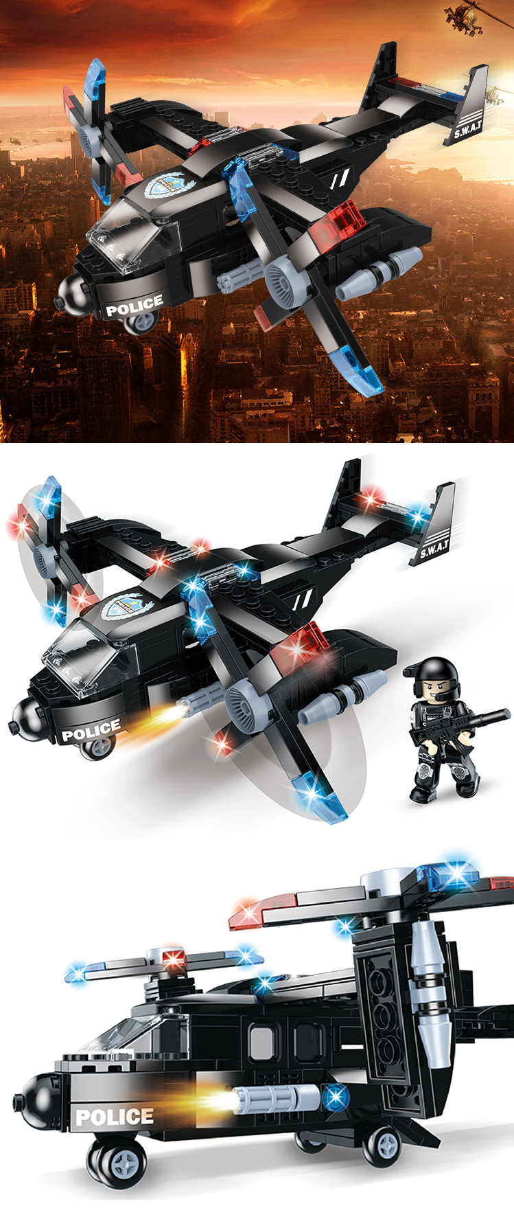 WOMA TOYS wish hot sale Cheap City Police SWAT Team Helicopter model building blocks toys Set diy bricks