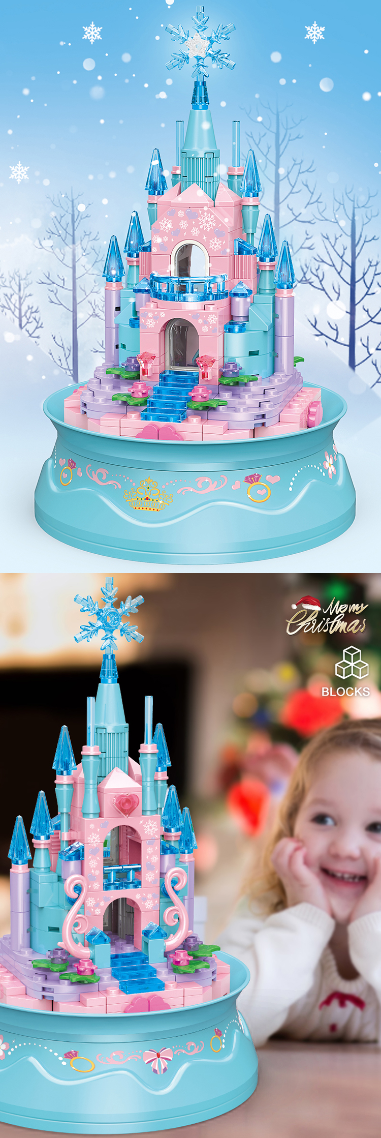 WOMA TOYS 2022 Amazon Hottest Sale Ice Snow Castle Spin Music Box Small Brick Building Blocks Assemble Game Juguetes