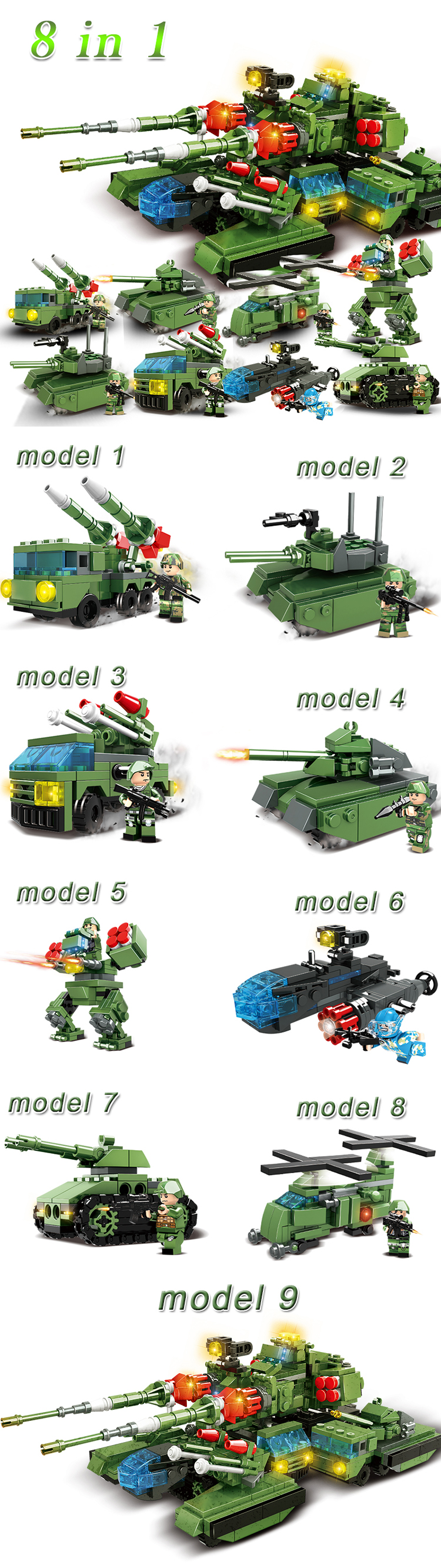 WOMA TOYS 933Pcs Bricks 8 In 1 Small Building Block Figure Military War Tank Construction Toy Model Diy