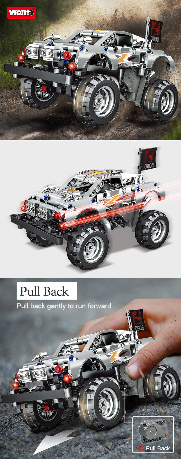 WOMA TOYS Amazon Hottest Sale 2022 STEM Child Birthday Gifts Pull Back Off Road Car Technic Small Brick Building Blocks