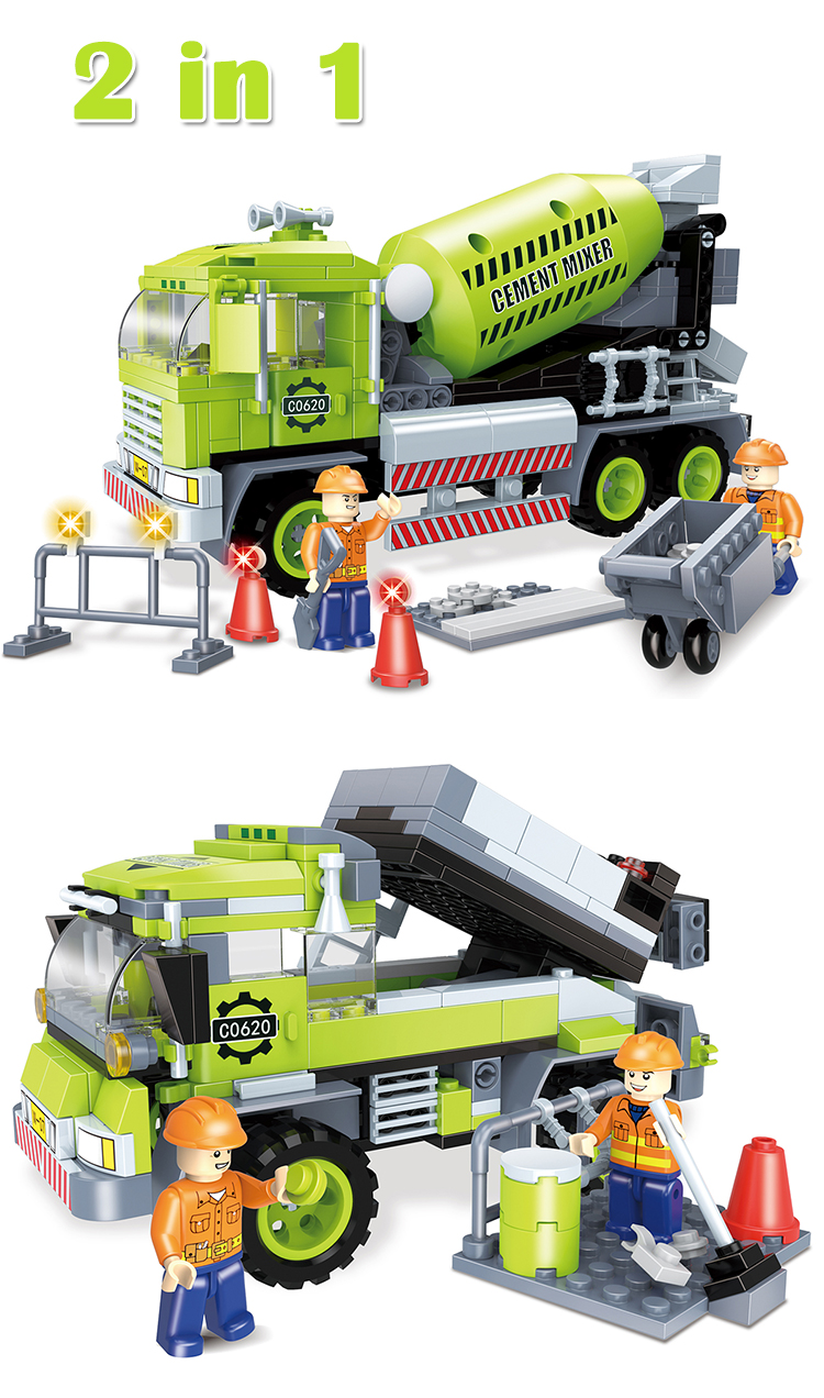 WOMA TOYS Wholesale 2 in 1 cement mixer clean road truck city construction truck educational small building block bricks