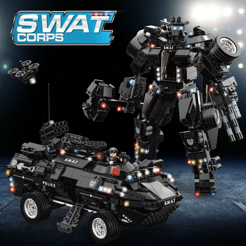 WOMA TOYS 2022 Amazon Hottest Sale Kids Educational  2 In 1 Robot City Police SWAT Armored Guard Building Blocks Puzzle Set