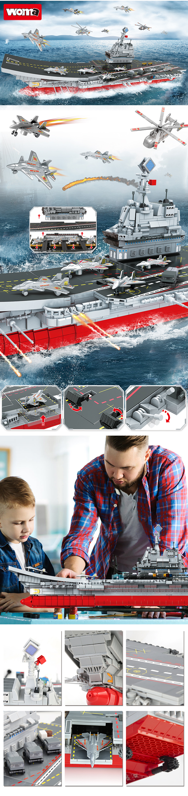 WOMA TOYS military ship large Warships aircraft carrier battleship model building block battle ship for adult diy bricks