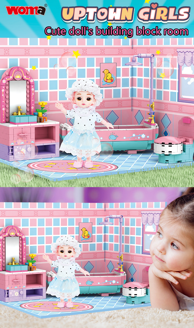 WOMA TOYS New Design Christmas Birthday Gifts Girl Bathroom Doll Bathtub Toiletries Toilet Assemble Brick Moc Building Blocks
