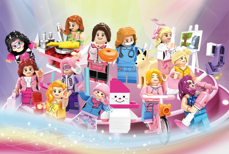 WOMA TOYS Early Educational city girl figures Cycling Selfie Draw diving Make desserts building blocks brinquedos