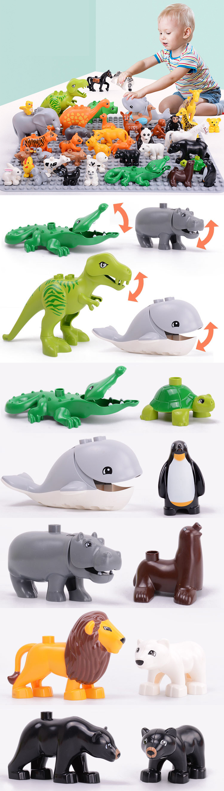 WOMA TOYS Amazon Hot Sale Baby Play Animal Tiger Horse Elephant ABS Plastic Large Particles Bricks Big Building Block