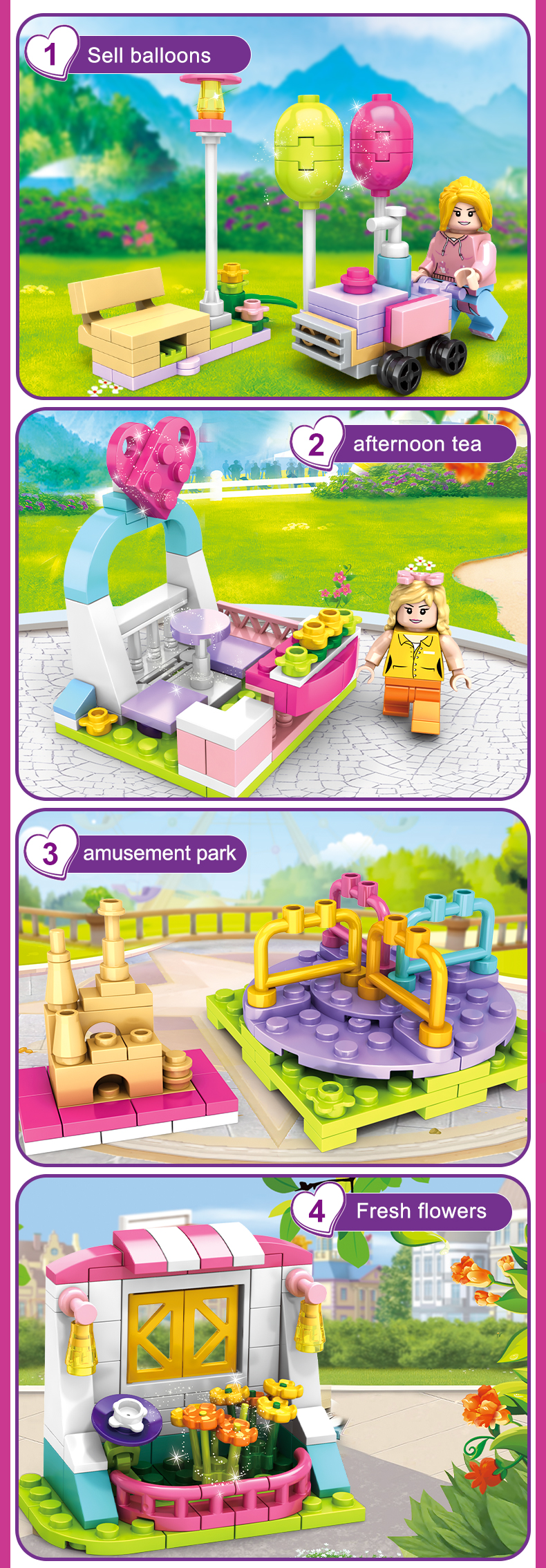 WOMA TOYS Amazon Hot Sale Gifts Girl Dream Amusement Park Slide Swing Ice Cream Shop Building Block Figure Brick Set