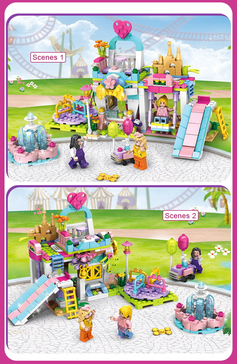 WOMA TOYS Amazon Hot Sale Gifts Girl Dream Amusement Park Slide Swing Ice Cream Shop Building Block Figure Brick Set