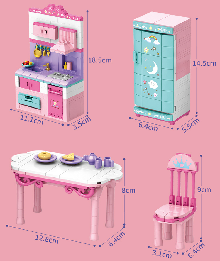 WOMA TOYS 2022 New Design Girl Cosplay Kitchen Refrigerator Kitchenware Make Food Play House Diy Brick Building Blocks Set