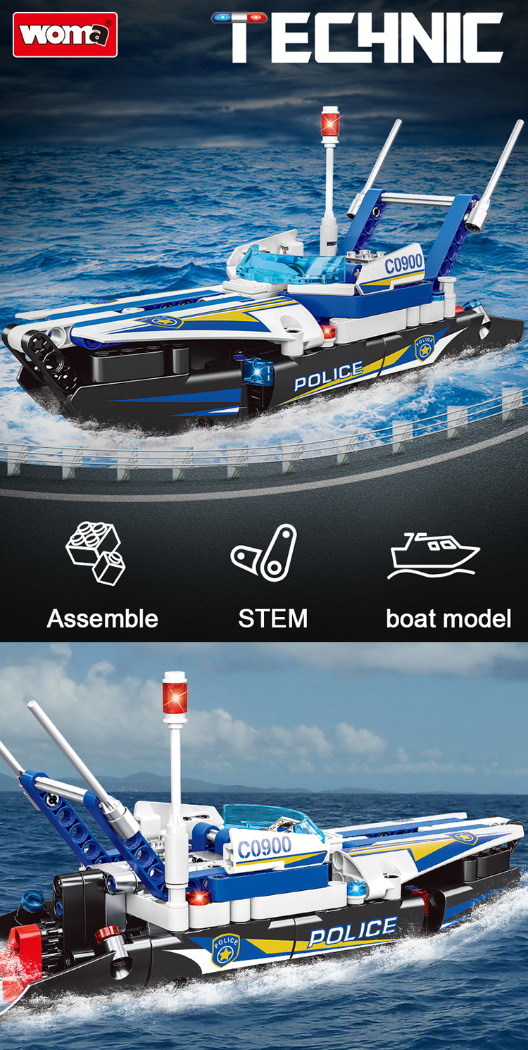 WOMA TOYS Home Decor City Police Patrol Boat Model Bricks Building Blocks STEM Oyuncak MOC Technic Brinquedo Game