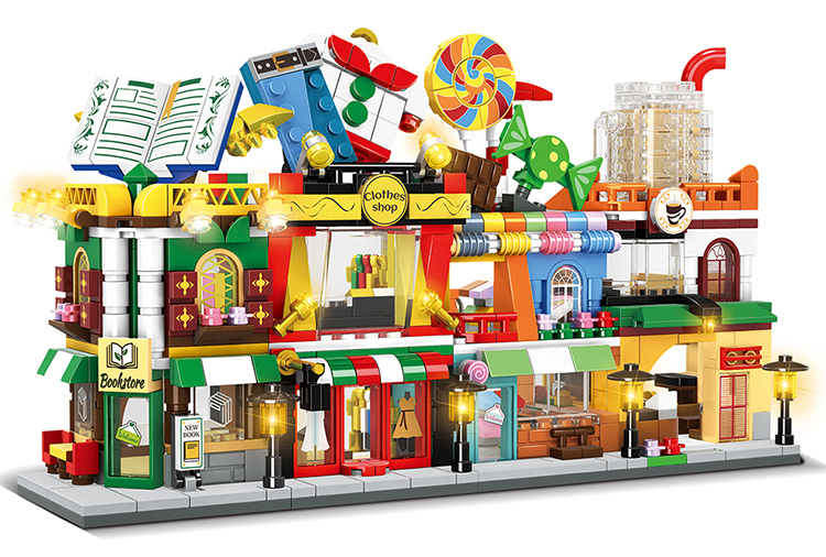 WOMA TOYS Home Decor 903pcs Metropolitan fashion shop model Candy store Milk tea bar Book store building blocks