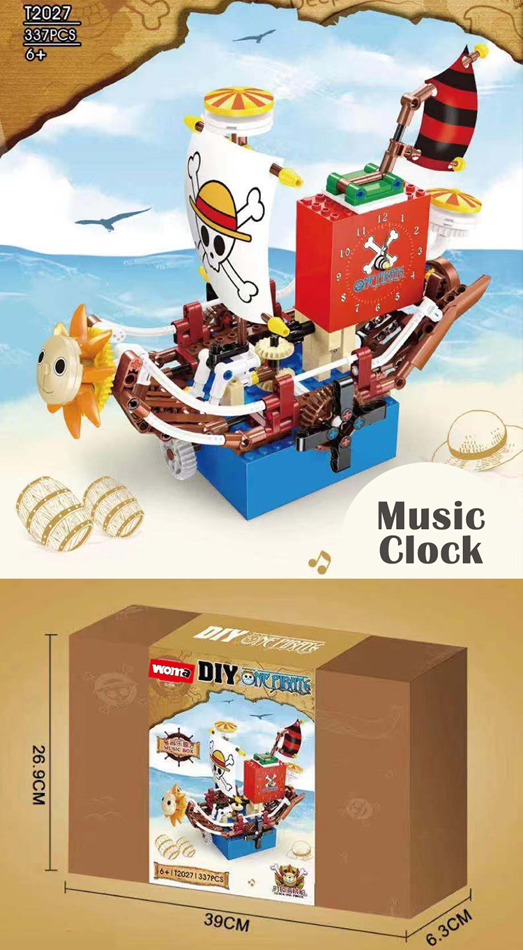 WOMA TOYS Amazon Hottest Sale Home Decor Music Box Clock Puzzle Game Assemble Pirate Ship Brick STEM Building Blocks Set