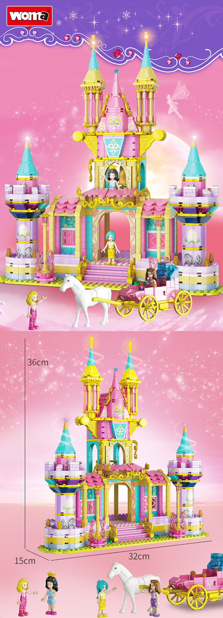 WOMA TOYS Amazon Hottest sale Princess Castle Carriage Girls' Educational Play Set Building Blocks Bricks Christmas gift